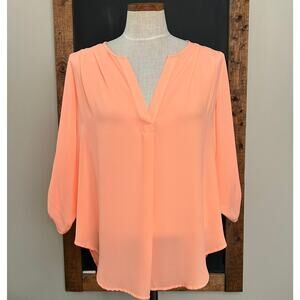 Lush Flowy Blouse M Peach Coral V Neck 3/4 Sleeve Lightweight Work Casual Top